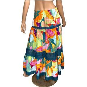 Time & Tru Tiered Maxi Skirt S Watercolor Floral Lace Trim Tropical Hippie Boho